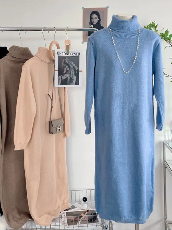 Casual Long Sleeves Loose Solid Color High-Neck Sweater Dresses