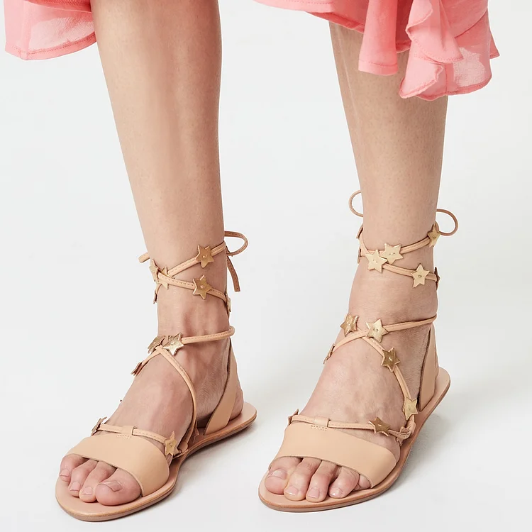 Nude Strappy Stars Comfortable Flats |FSJ Shoes