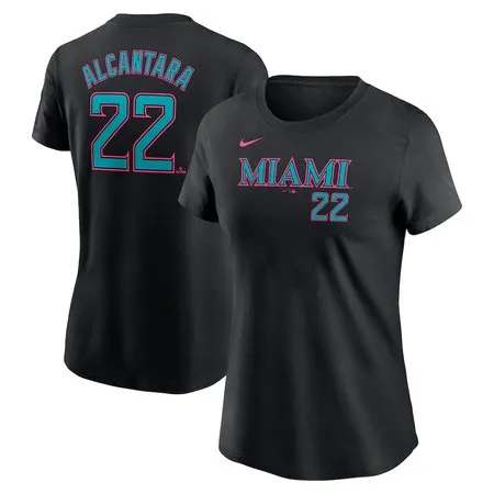 Women's Miami Marlins #22 Sandy Alcantara  Black 2025 City Connect Fuse Name & Number T-Shirt