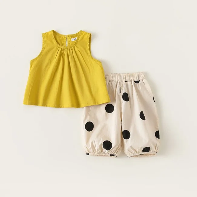 Baby Toddler Girl Summer Solid Color Sleeveless Tank Top & Polka Dot Pants Set