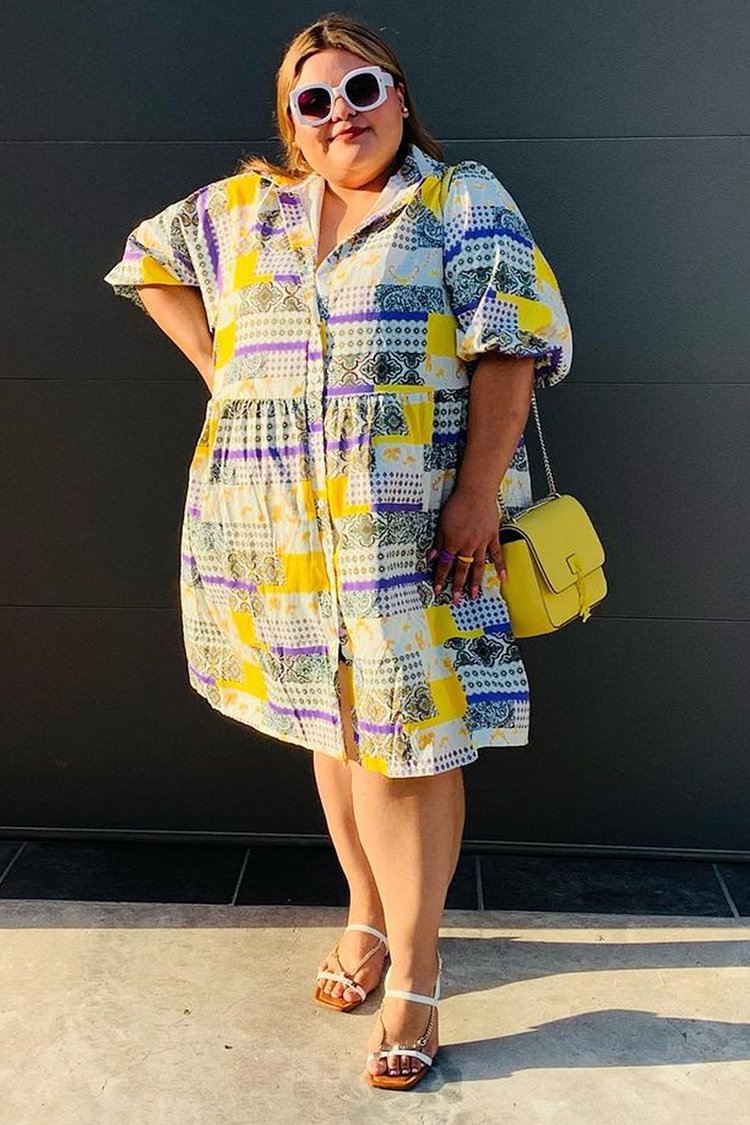 Plus Size All Over Print Yellow Boho Turndown Collar Summer Sun Mini Dress