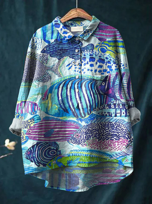 Vintage Lovely Fish Art Print Casual Cotton And Linen Shirt
