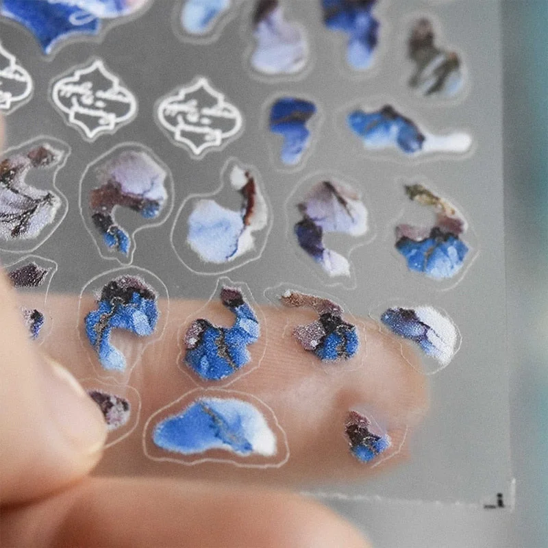 3D Nail Stickers Pro Golden Rose Design Transfer Sliders Blue Blooming Marble Series Nail Art Decal Sliders Decoration