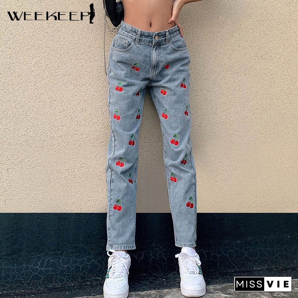 Weekeep Cherry Embroidery Fashion Vintage Jeans High Waist Streetwear Cargo Trousers Casual Skinny Woman Denim Pencil Pants