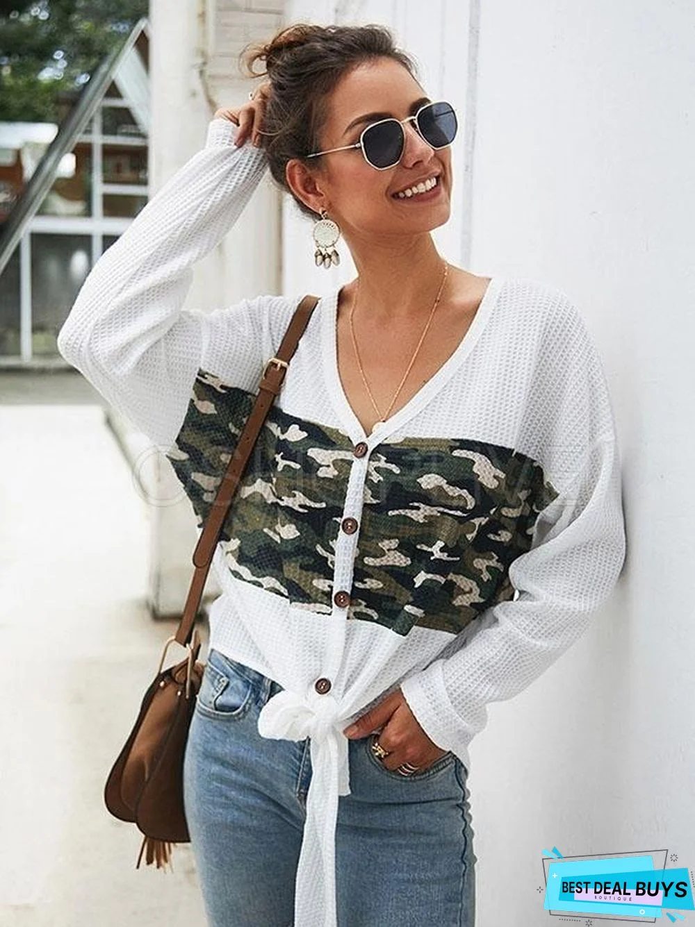 Camouflage Stitching V-Neck Knit Sweater