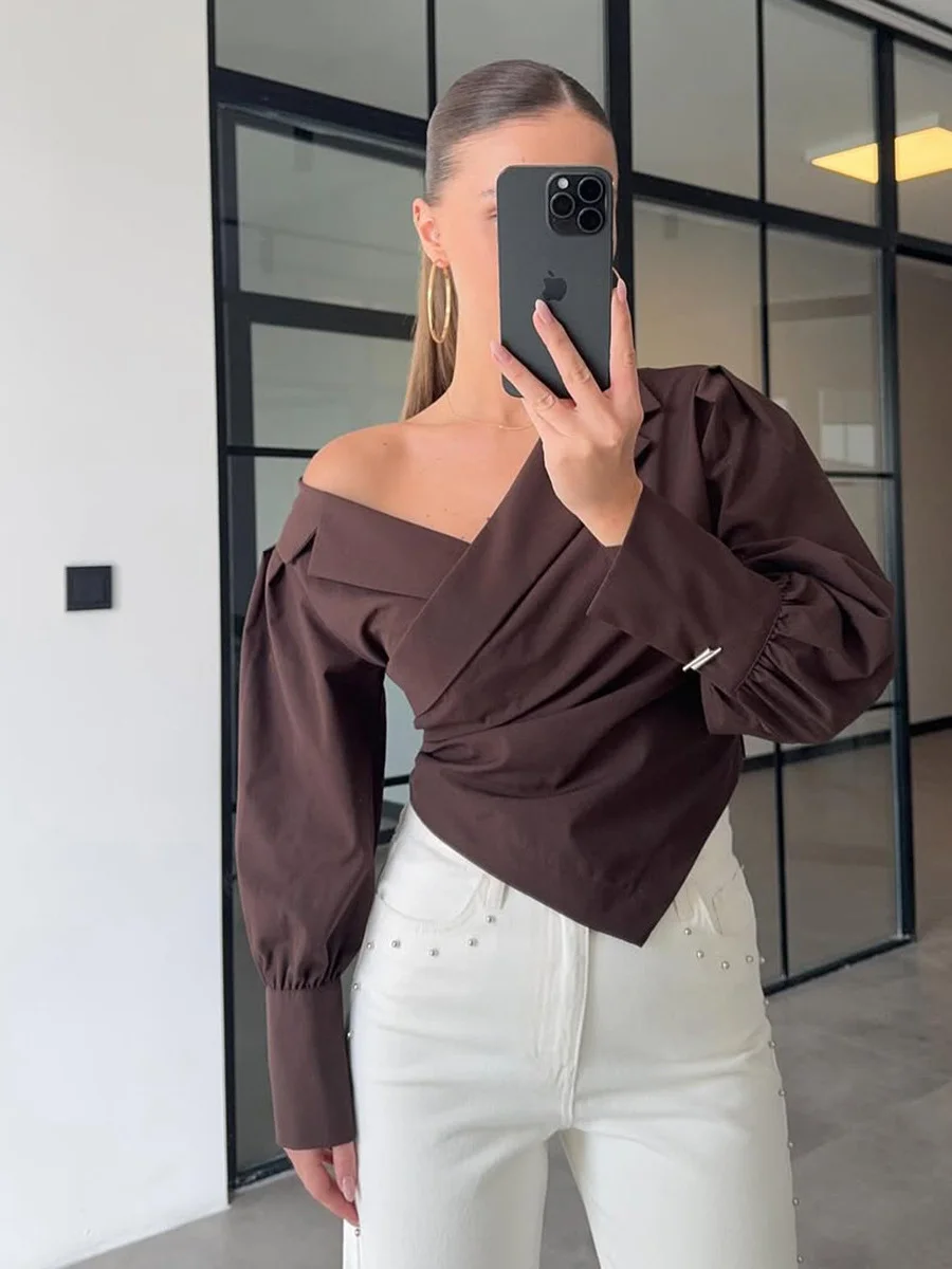 Athvotar Athvotar High-End Light Luxury Summer Solid-Colored Shoulder Collar Lantern Cuffs Waist Design Long-Sleeved Shirt