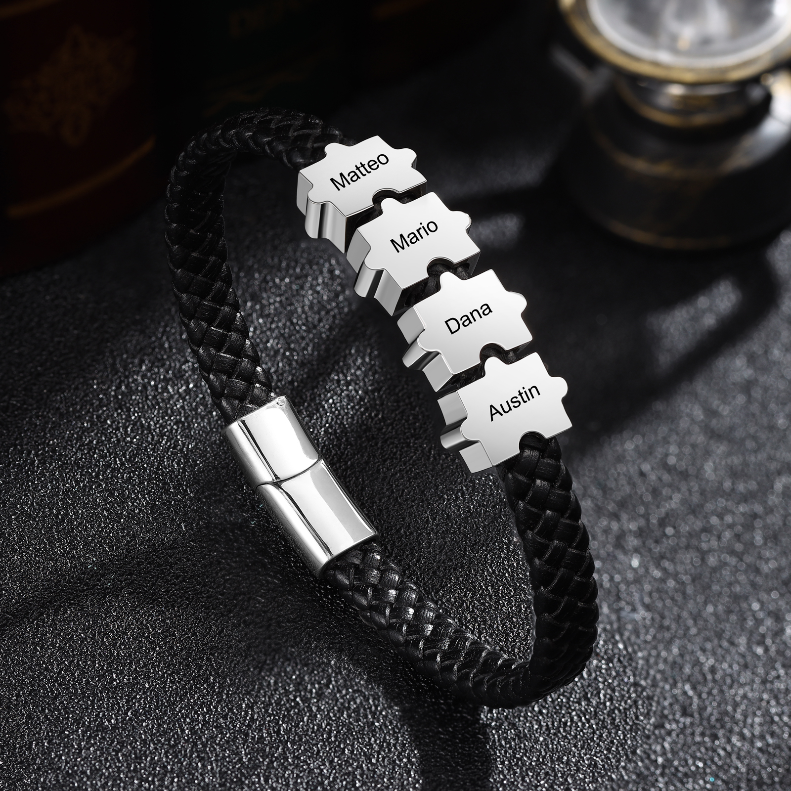Custom Family Puzzle Bracelet Engrave 4 Names Leather Bracelet Father's Day Gifts for Dad-Jessemade AU