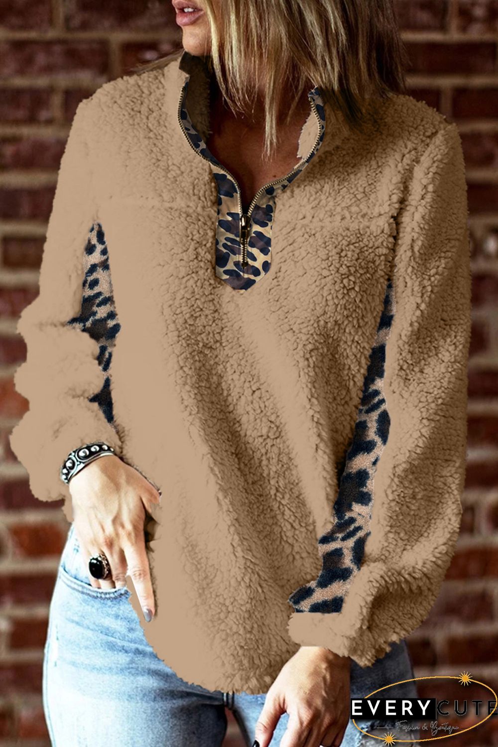 Khaki Turn-down Collar Leopard Splicing Sherpa Sweatshirt