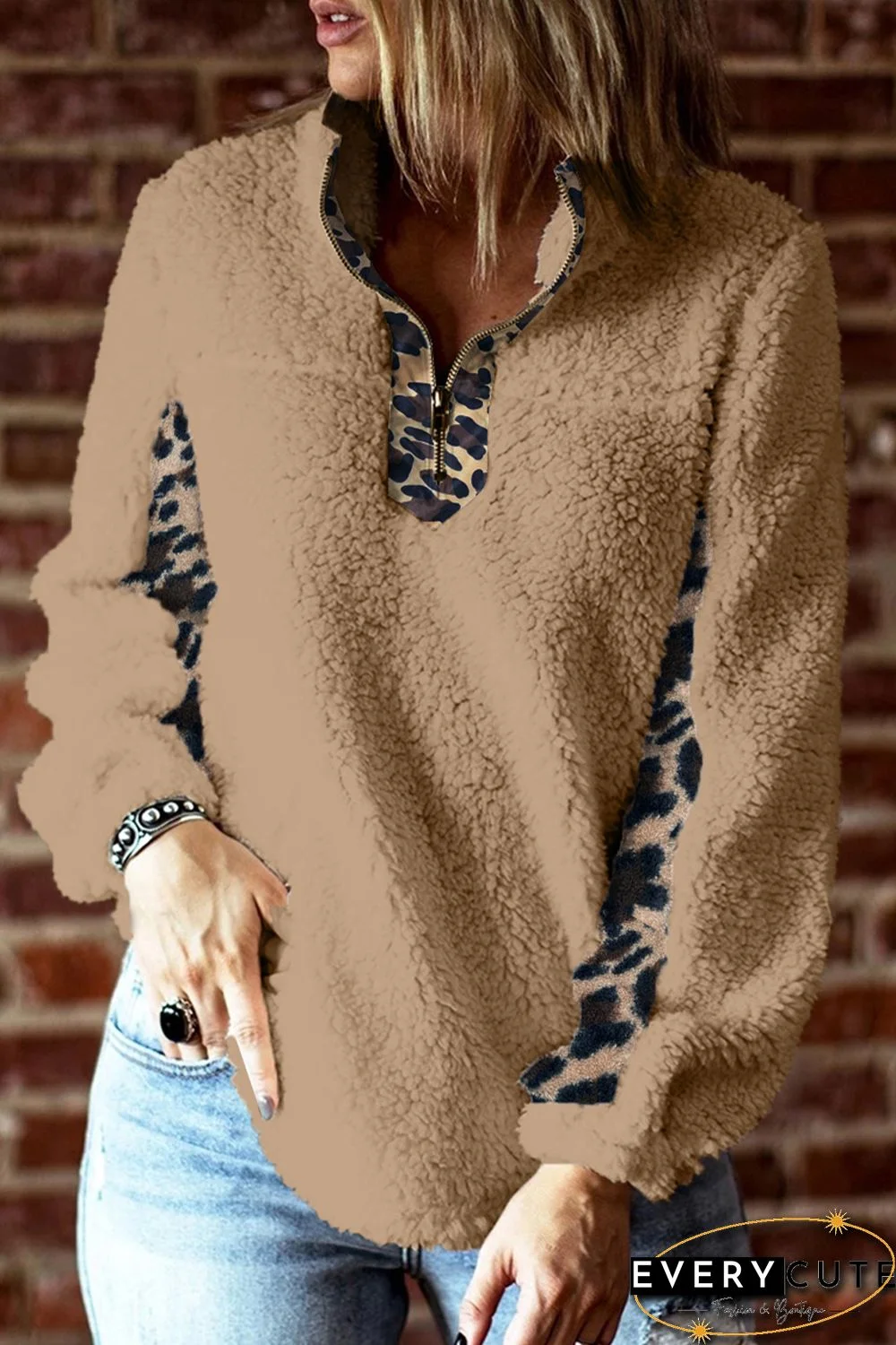 Khaki Turn-down Collar Leopard Splicing Sherpa Sweatshirt