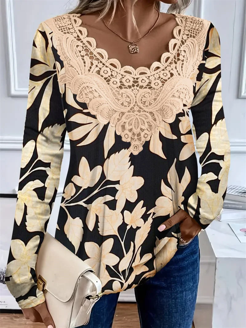 Women's Long Sleeve Scoop Neck Floral Printed Lace Stitching Top