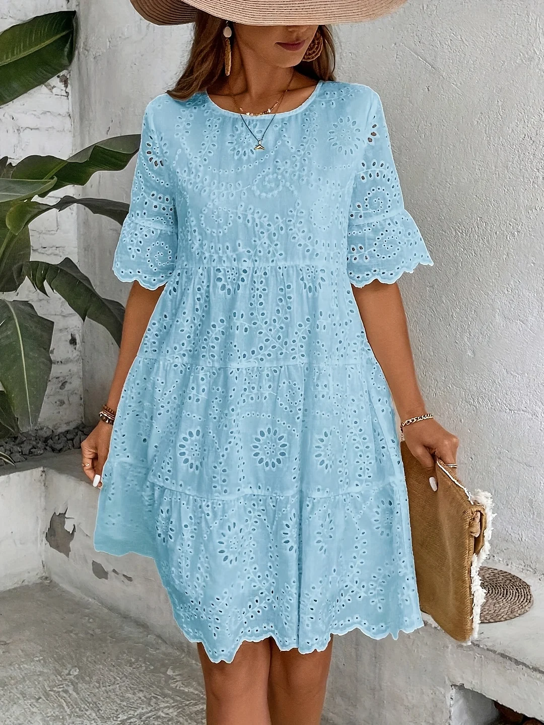 Hollow Out Women's Crocheted Hollow Out Dress Short Sleeve Round Neck Ruffle Sleeve Waist-Cinching Dress Short Sleeve Hollow Out White Dress | IFYHOME