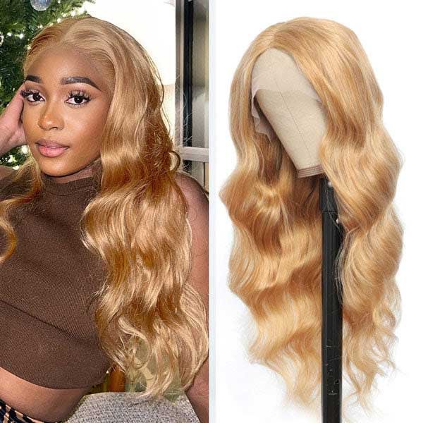 Junoda Body Wave Caramel Blonde Human Hair Wigs Color 27  Lace Wig
