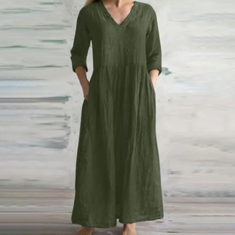Solid Comfortable Casual Pocket V-Neck 3/4 Sleeve Pleated Maxi Dress wearshes