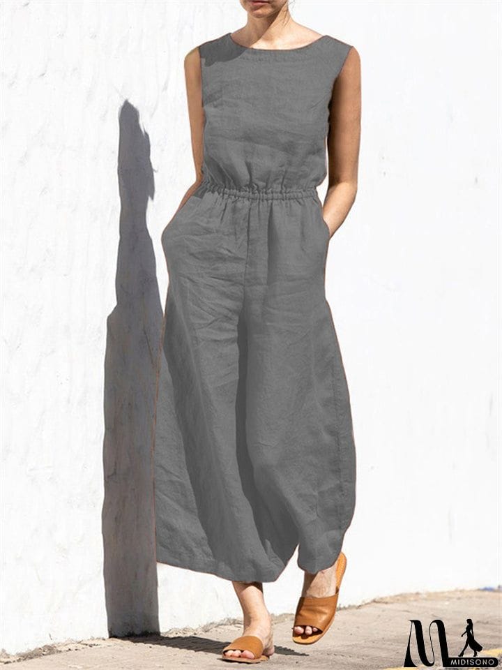MidiSono - Summer Solid High Waist Sleeveless Lady Fashion Classy Jumpsuit