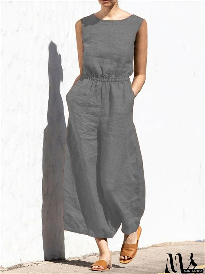 MidiSono - Summer Solid High Waist Sleeveless Lady Fashion Classy Jumpsuit