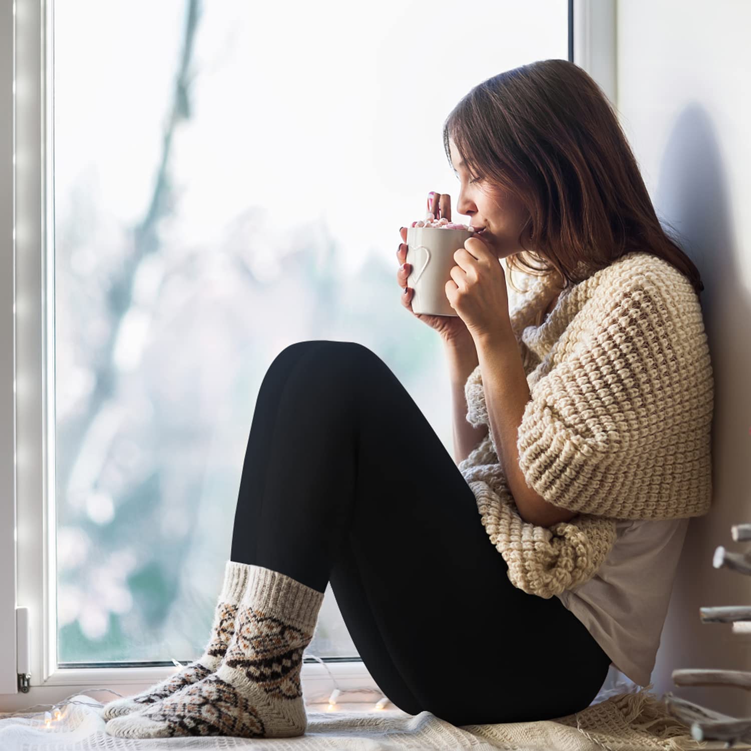 Fleece leggings styled for cozy indoor wear