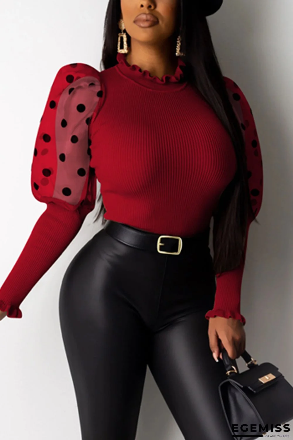 Wine Red Fashion Stitching Puff Sleeve T-shirt | EGEMISS