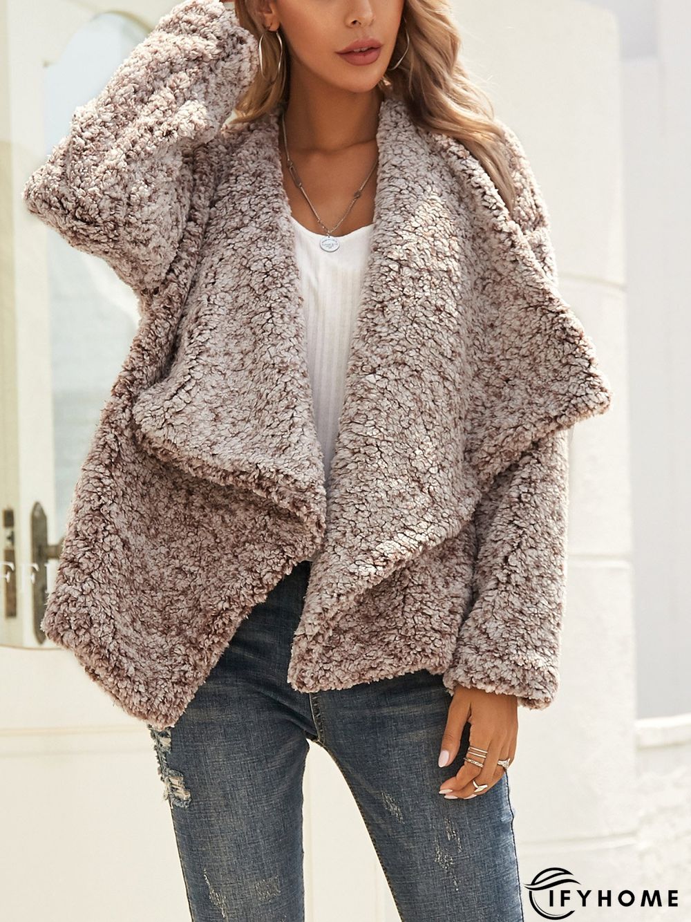 Brown V Neck Cotton-Blend Long Sleeve Plain Jacket | IFYHOME