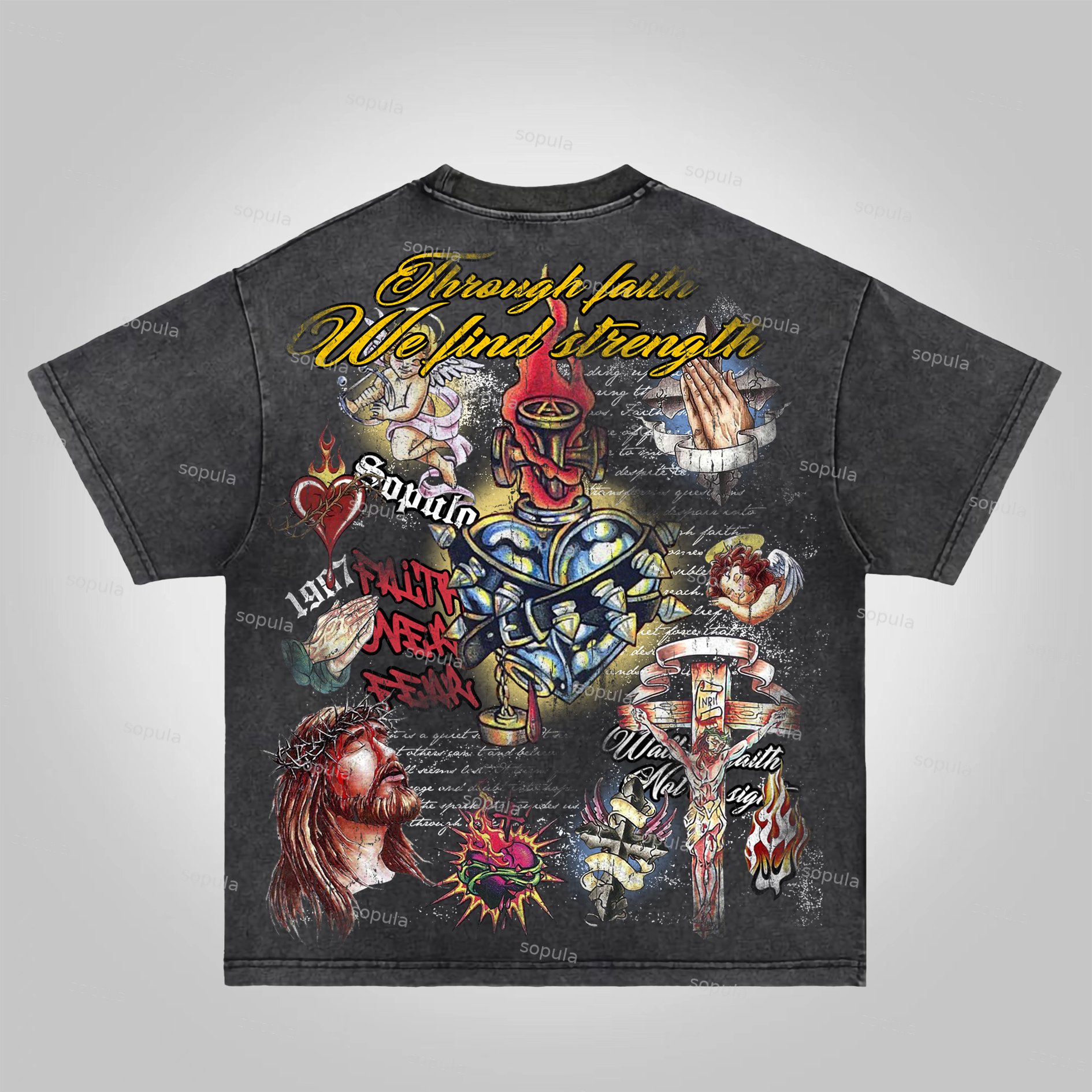 Sopula Faith In Jesus Collage Vintage Graphics Acid Washed T-Shirt