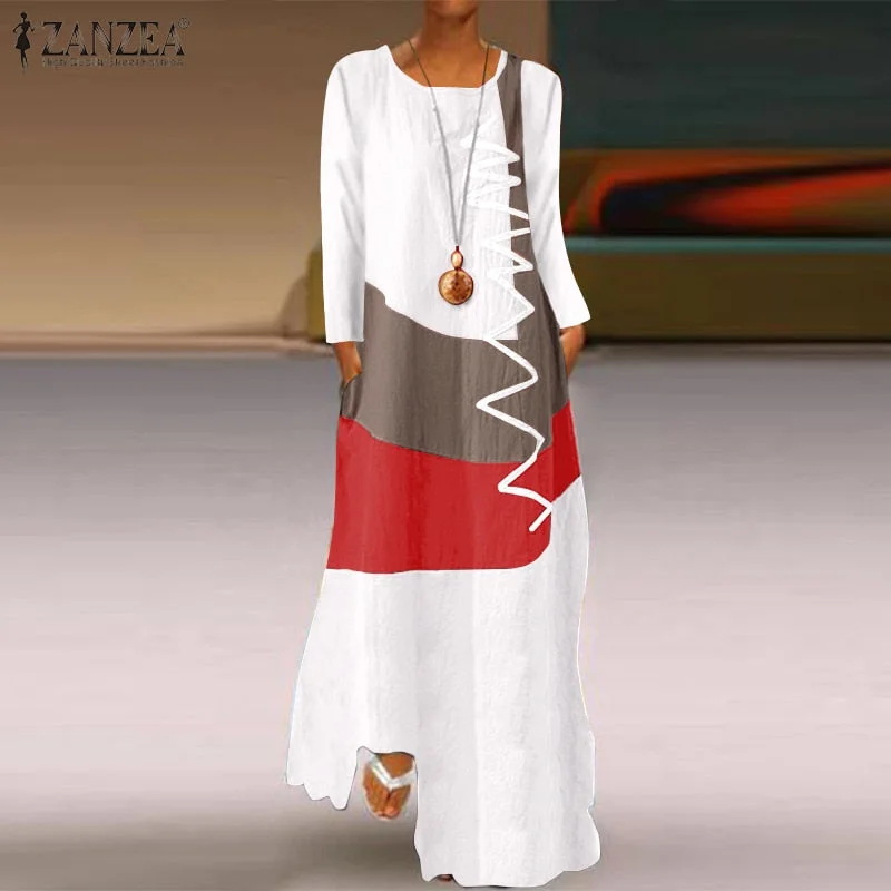 ZANZEA 2022 Vintage Color Stitching Maxi Dress Women's Summer Sundress Casual Sleeveless Tank Vestidos Female O Neck Robe Femme