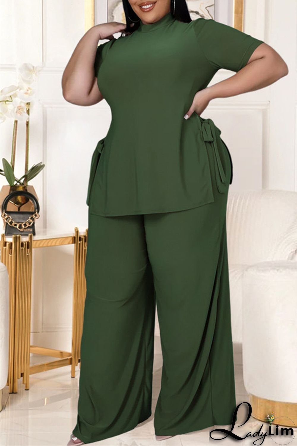 Black Fashion Casual Solid Bandage Slit Turtleneck Plus Size Two Pieces