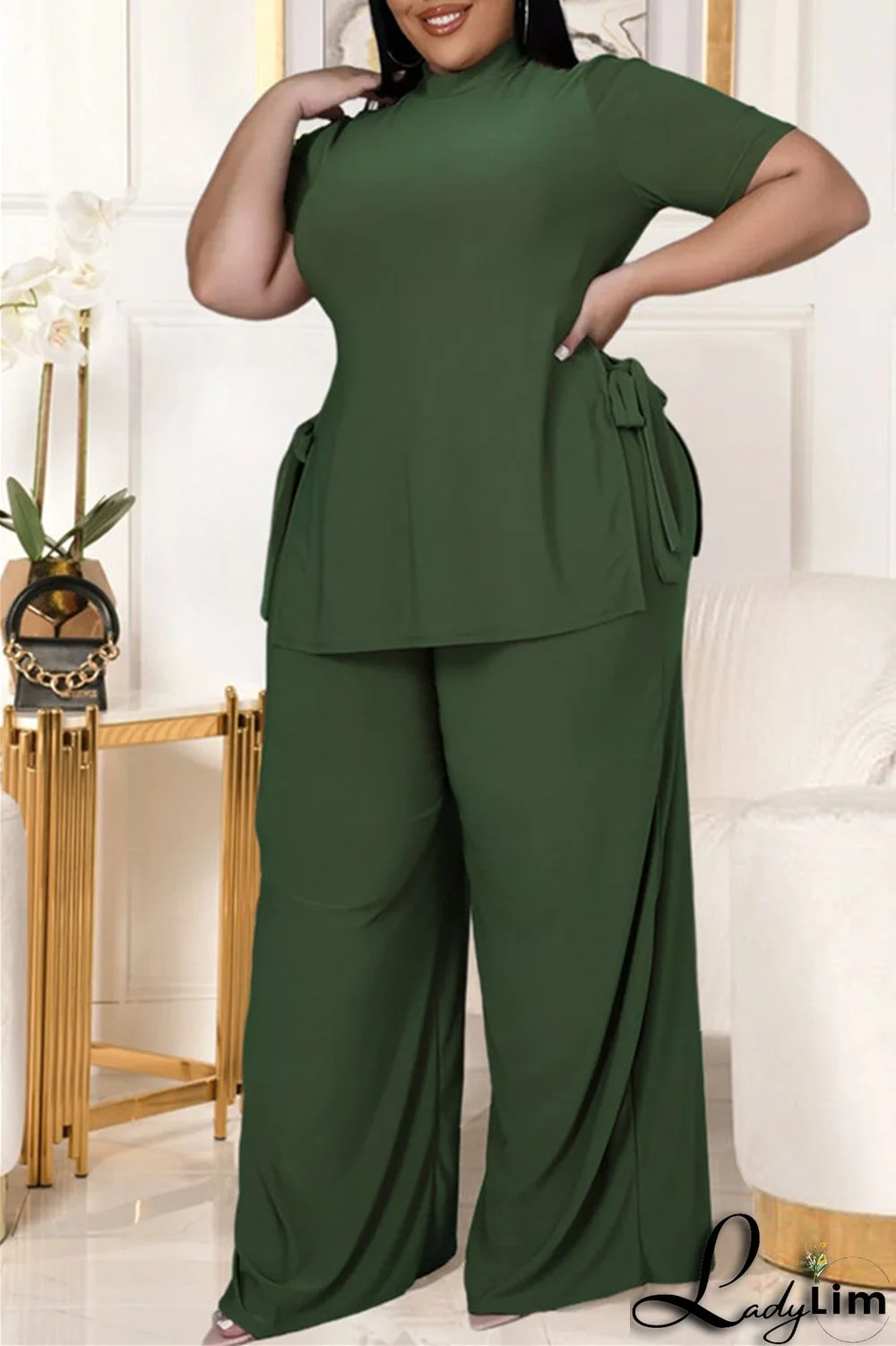 Black Fashion Casual Solid Bandage Slit Turtleneck Plus Size Two Pieces