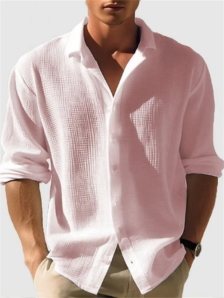Men's Solid-color Small Waffle Long-sleeved Fall Fashion Casual Shirt-JRSEE