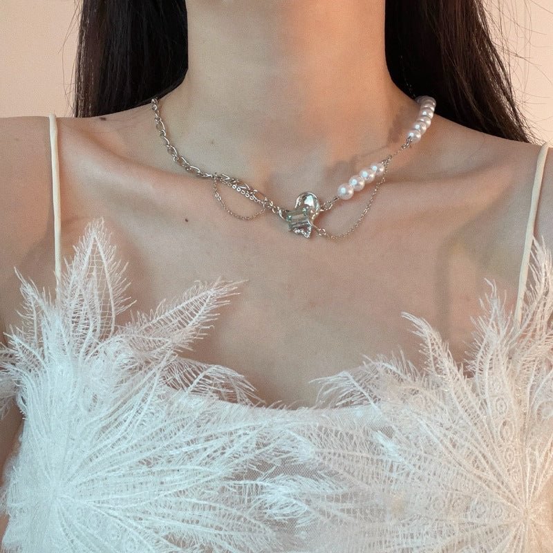 Heart-shaped pendant mint zircon pearl chain fashion necklace