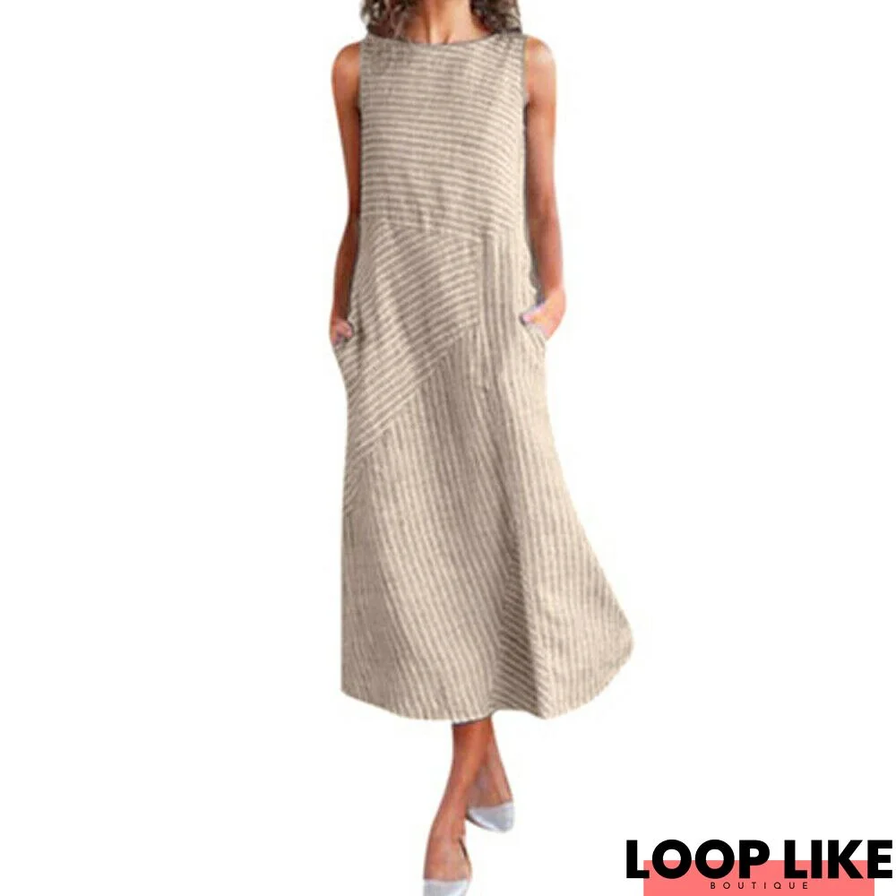 Women Stripe Print Summer Bohemia Long Dress Ladies Casual Plus Size Pocket Loose Boho Beach Holiday Maxi Sundress