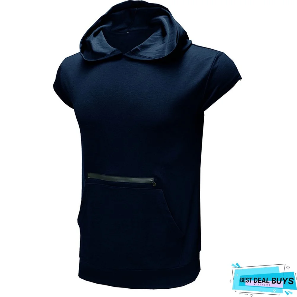 Men's Sleeveless Personalized Leisure Sports Vest Outdoor Fitness Solid Color Hoodie