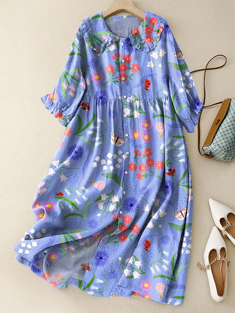 Women‘s Vintage Flower Art Peter Pan Collar Cotton Dress