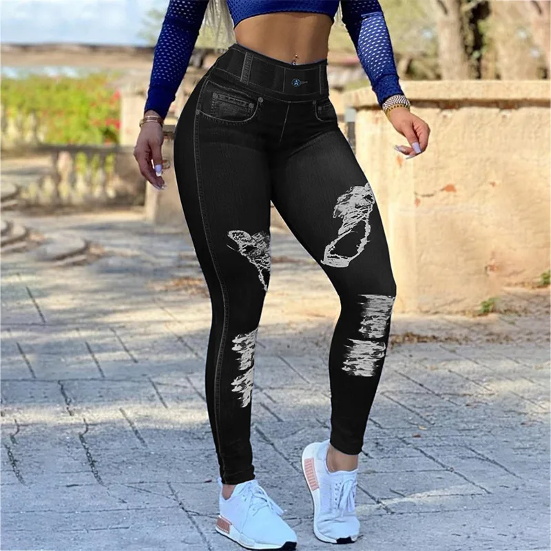 Zeusesim Imitation Denim Leggings Fitness Skinny High Waist Legging Women Summer Sexy High Elastic Bodycon Sports Yoga Pants Streetwear