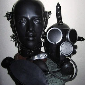 pornhint Pornhint Fetish Heavy Rubber System 3-in-1 BONDAGE HELMET Gas Mask Rebreather Latex HOOD w Collar, Gag, Blindfolds, Drinking Unit by Fantomas & Co.