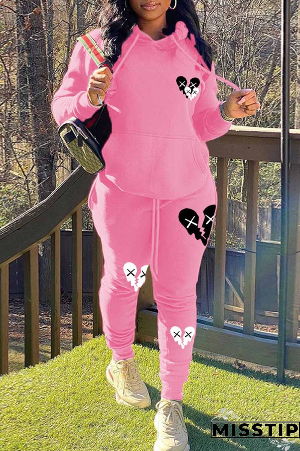 Black Casual Print Patchwork Hooded Collar Long Sleeve Two Pieces