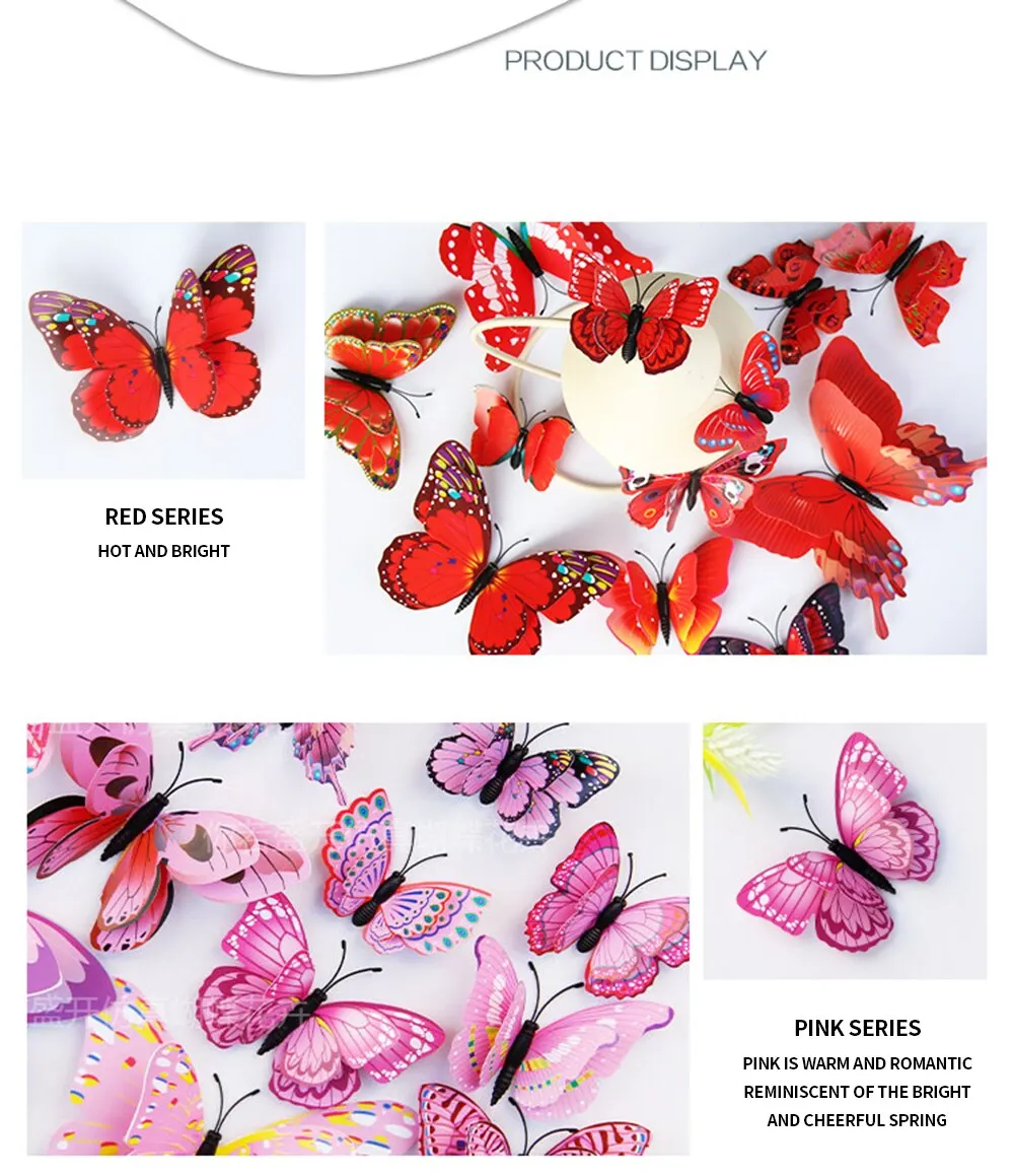 12pcs/lot Plain color 3D stickers Simulation butterfly double wings Modern home decor Background wall painting Magnetic+Glue