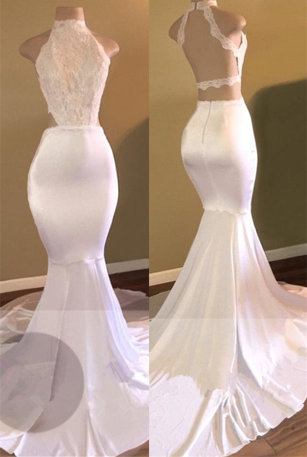 Dresseswow White High Neck Lace Appliques Prom Dress Mermaid Long