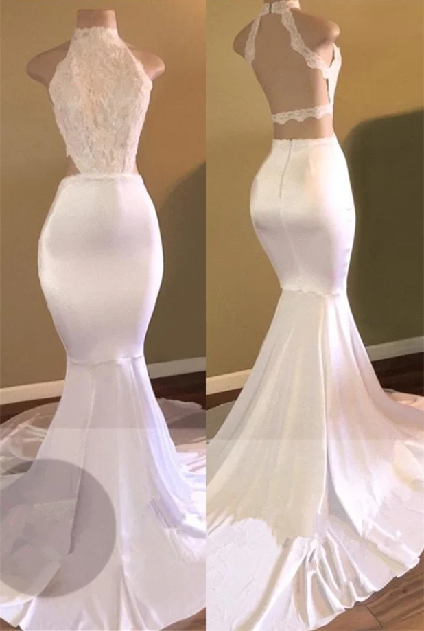Bellasprom White Lace Appliques Prom Dress Mermaid Long High Neck