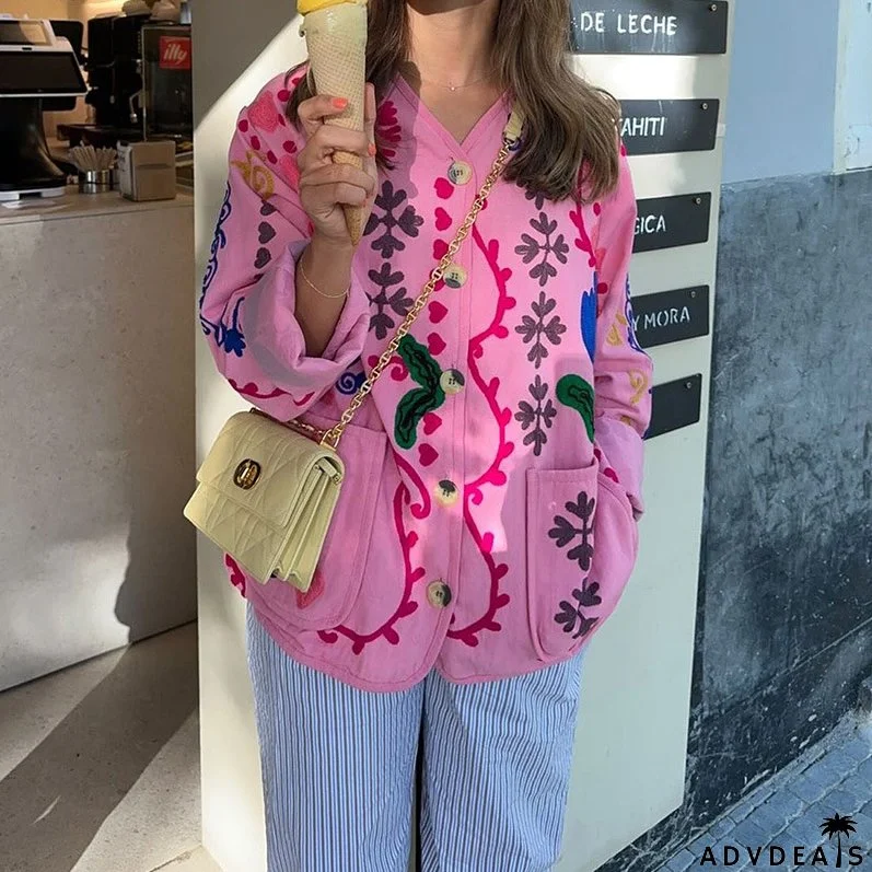 Women autumn pink v-neck print long-sleeved jacket