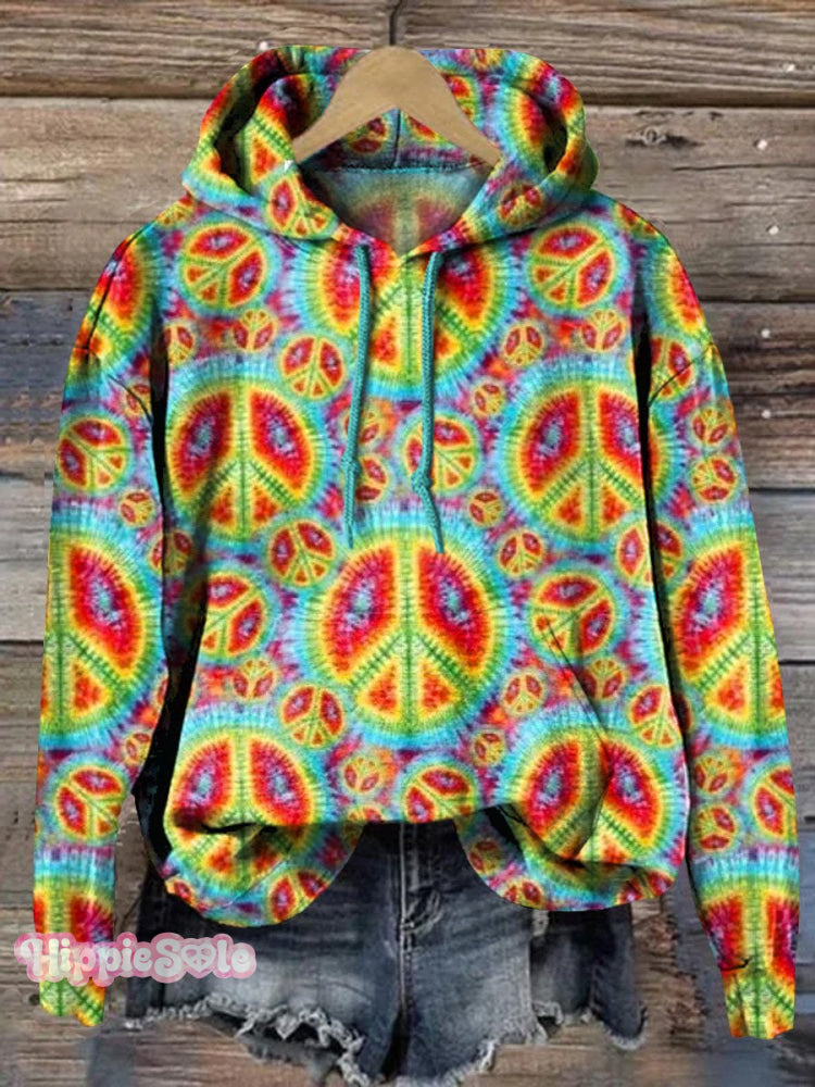 Rainbow Tie Dye Peace Sign Pattern Printed Casual Hoodie Sweatshirt Multicolor / S