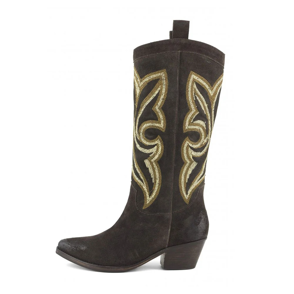 Classic Mid Calf Snip Toe Embroidered Dark Brown Cowboy Boots
