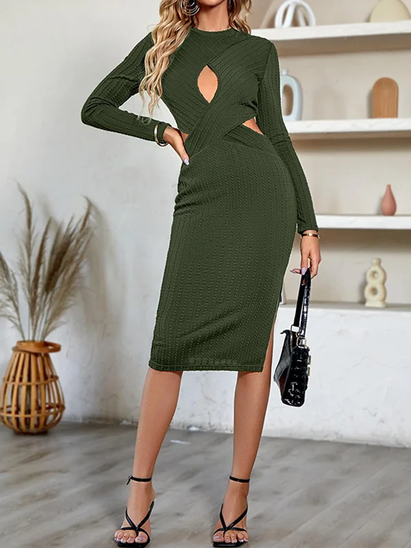 A-Line Long Sleeves Hollow Solid Color Split-Side Round-Neck Midi Dresses
