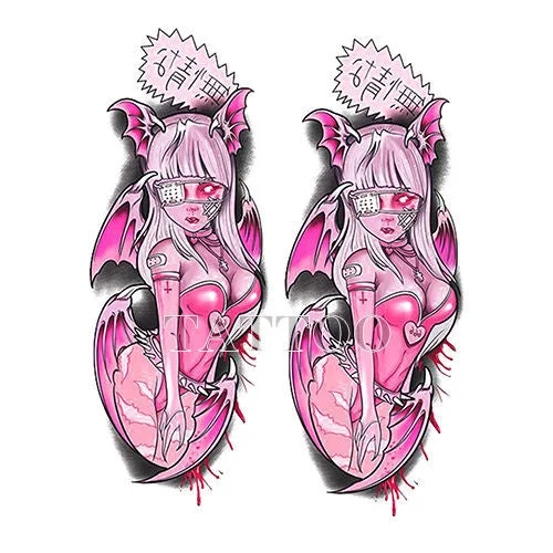 Japanese Devil Dark Sexy Pink Girl Big Size Color Arm Water Transfer Temporary Fake Tattoo Sticker For Men and Women