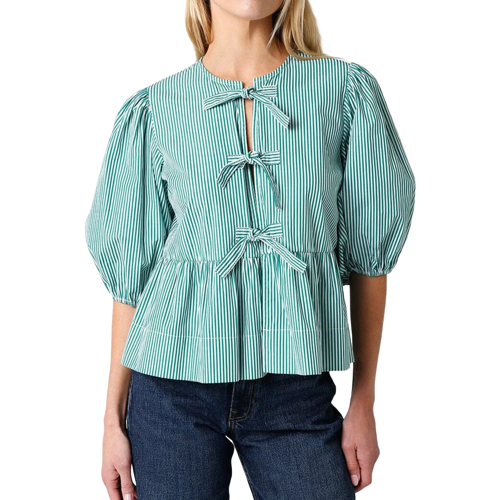 Llyge Women’s Y2K Kawaii Bow Tie-up Front Tops Half Puff Sleeve Round Neck Loose Fit Babydoll Shirts Spring Fall Blouses llyge