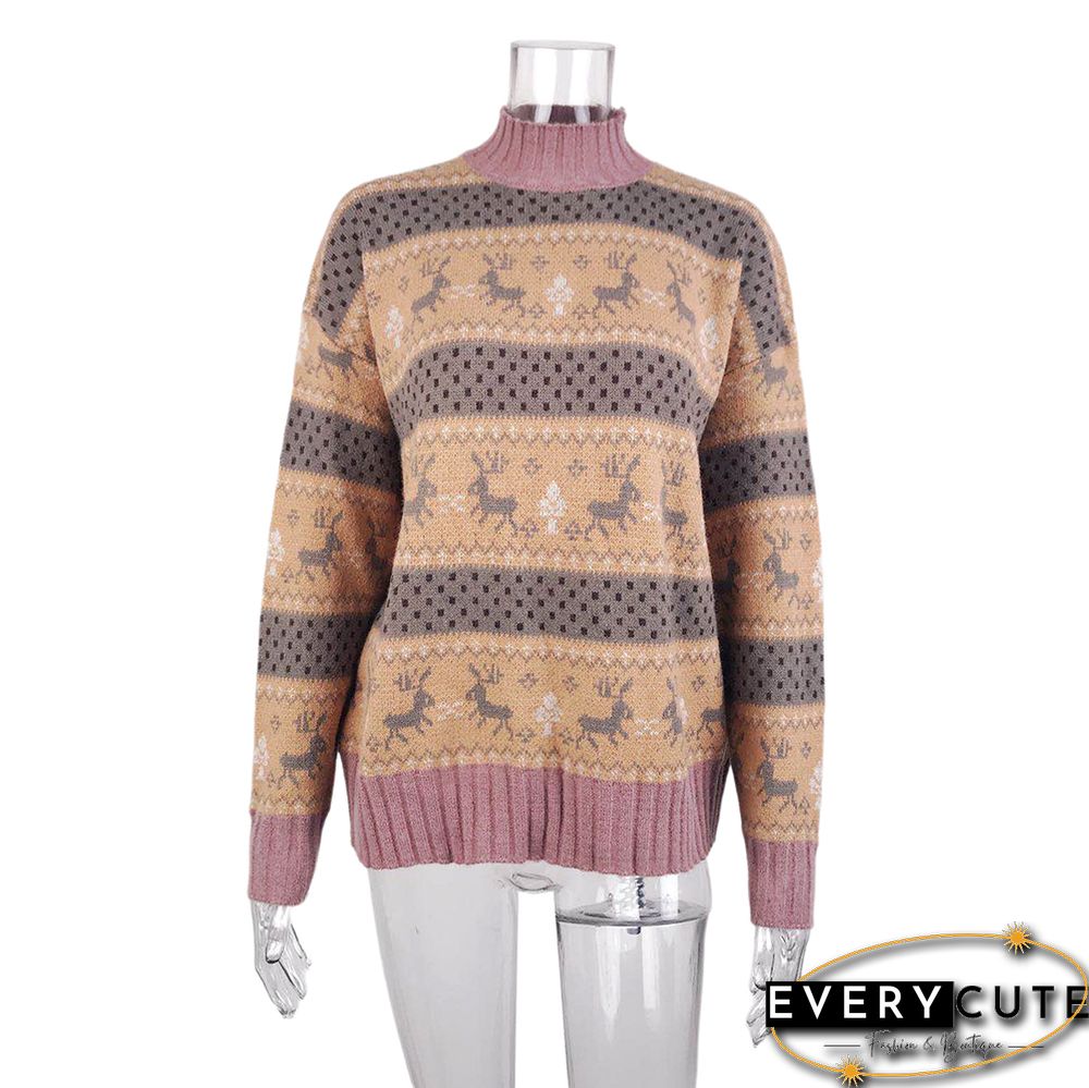 Yellow Christmas Reindeer Print Knit Pullover Sweater