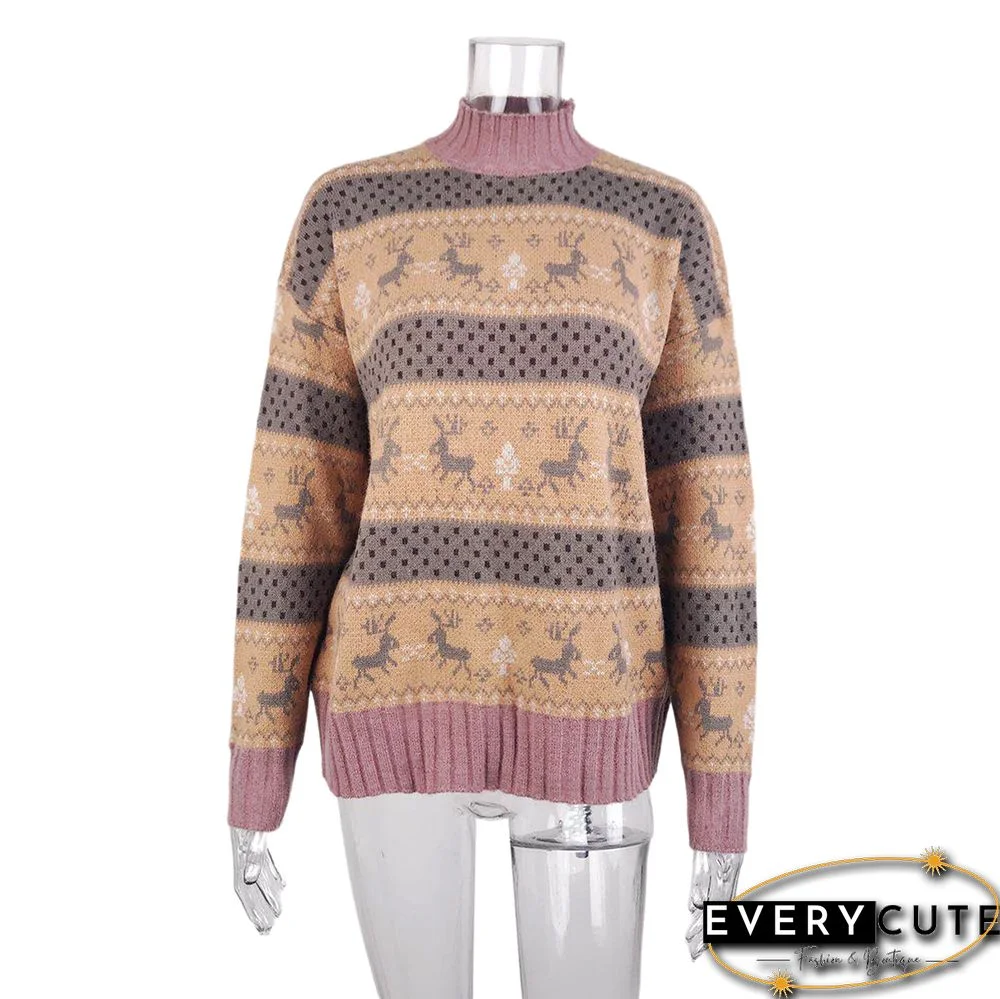 Yellow Christmas Reindeer Print Knit Pullover Sweater