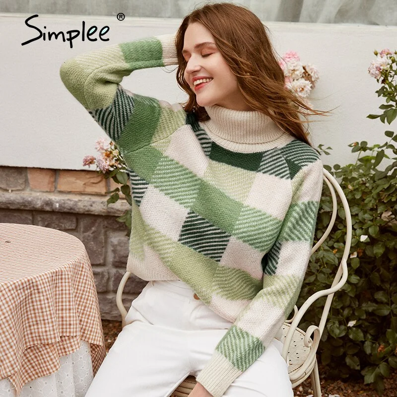 Simplee Casual turtleneck plaid women sweater Autumn winter long sleeve knitted sweater female Streetwear ladies pullover jumper