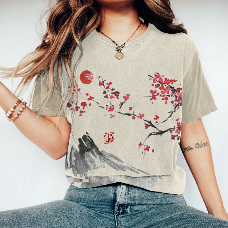 Comstylish Japanese Retro Sunrise Mountain Floral Ink Wash Painting Art Linen Casual Cotton T-Shirt
