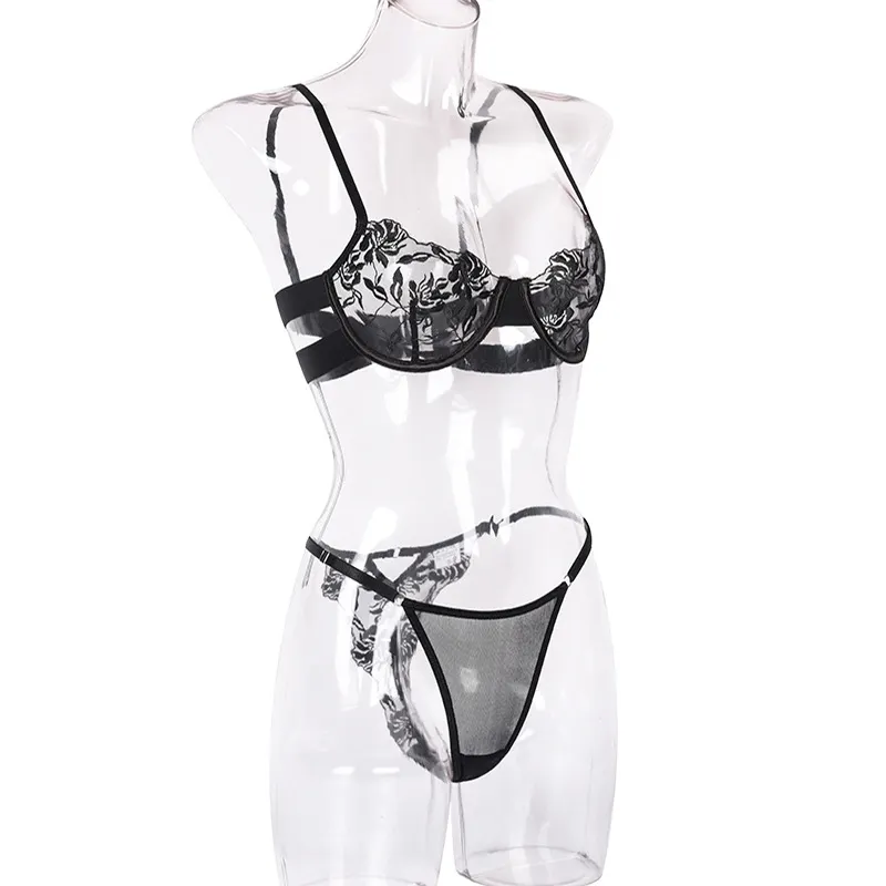 Billionm Two Pieces Set Lingerie Women Black Floral Underwear Push Up Bra and Panties Set Embroidery Flower See Through Lengerie Sex Wear