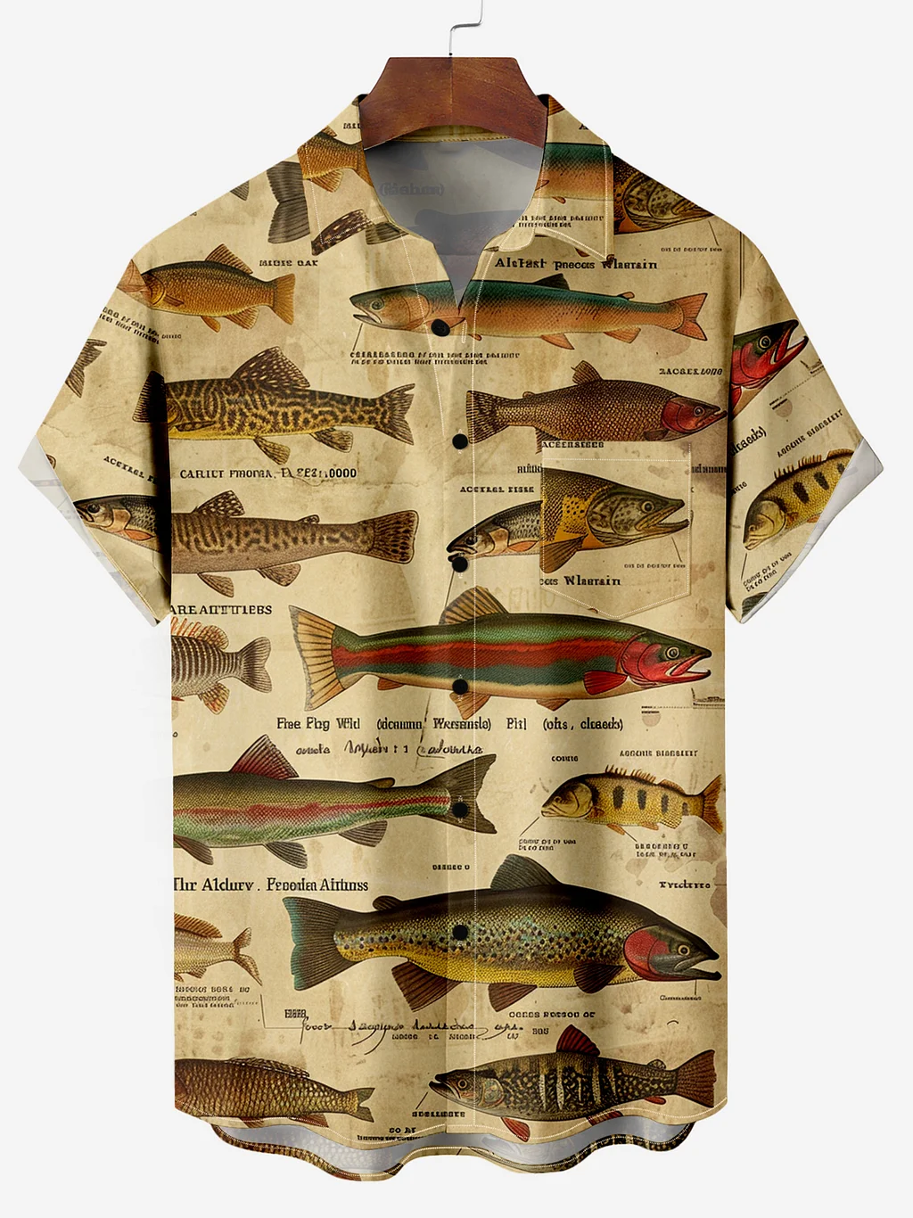 Men's Vintage Fisherman's Encyclopedia Chest Pocket Print Shirt PLUSCLOTHESMAN