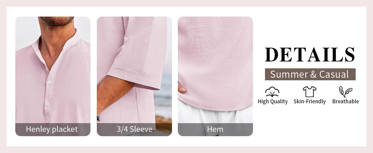 Runcati Mens 70% Cotton 30% Linen Shirts Casual Cotton 3/4 Sleeve Regular-Fit Henley T-Shirt Summer Lightweight Beach Yoga Tops father's day gift